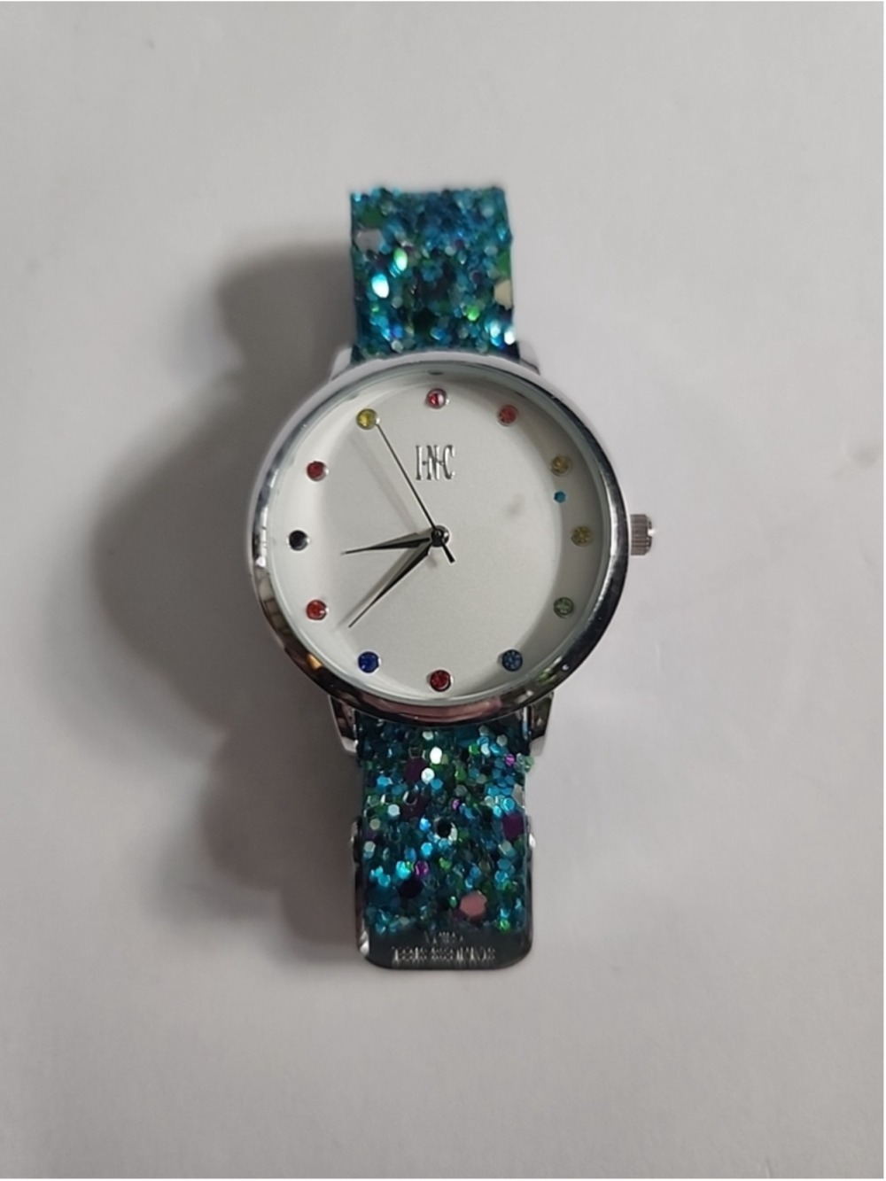 INC Multicolor Glitter Band And Jeweled White Faced Stainless Steel Watch